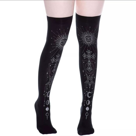 Killstar Accessories - Killstar Sexy Damiana Thigh High Black Graphic Stockings NWT
